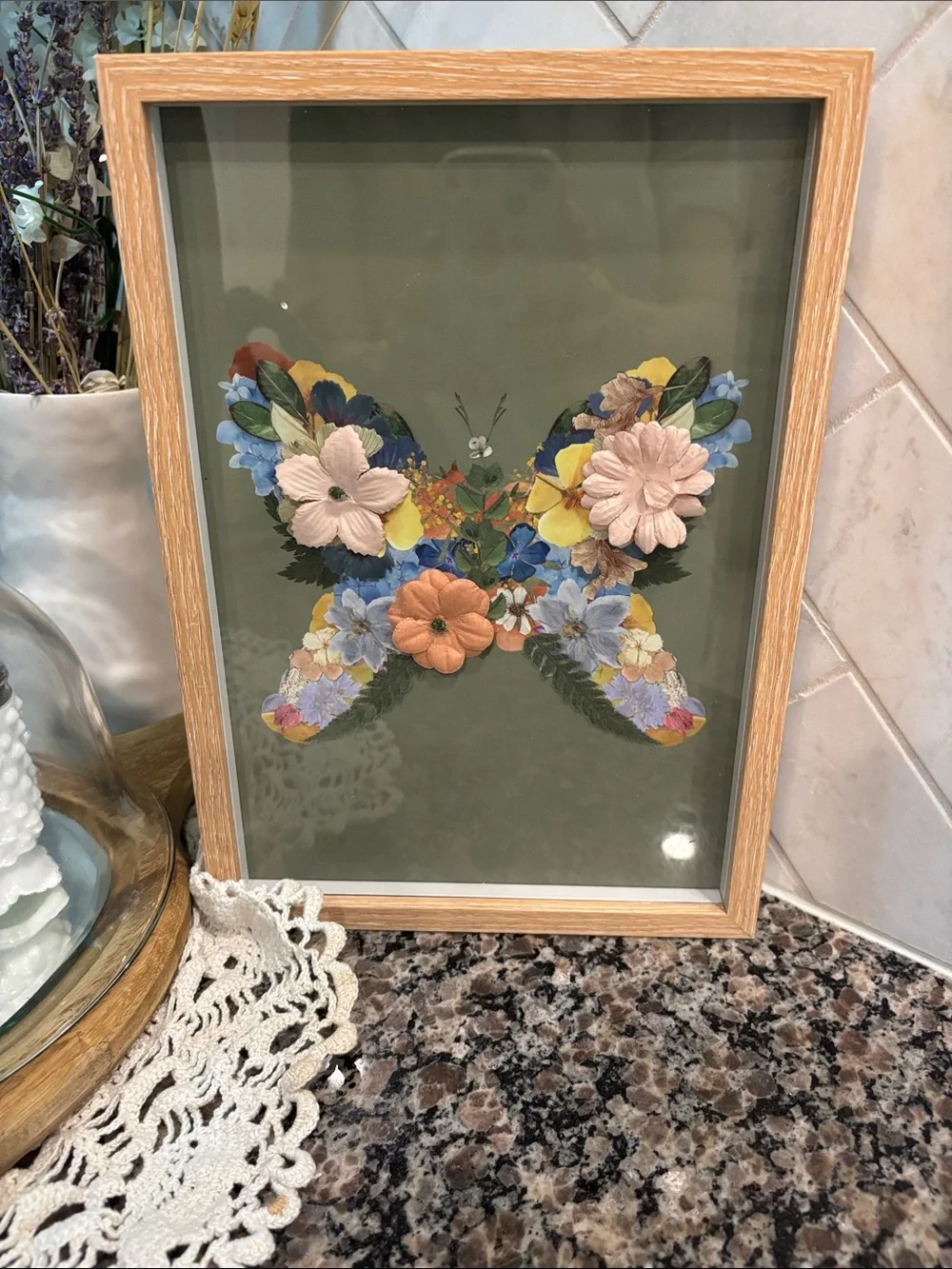 Pressed Floral Butterfly Wall Art - Olive Background